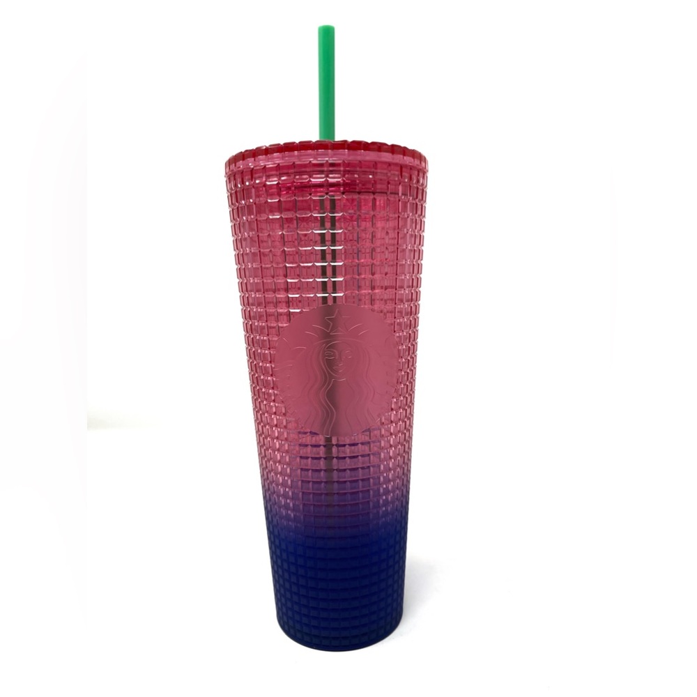 Starbucks 2022 Summer Pink Blue Purple Ombré Grid Tumbler Green Straw